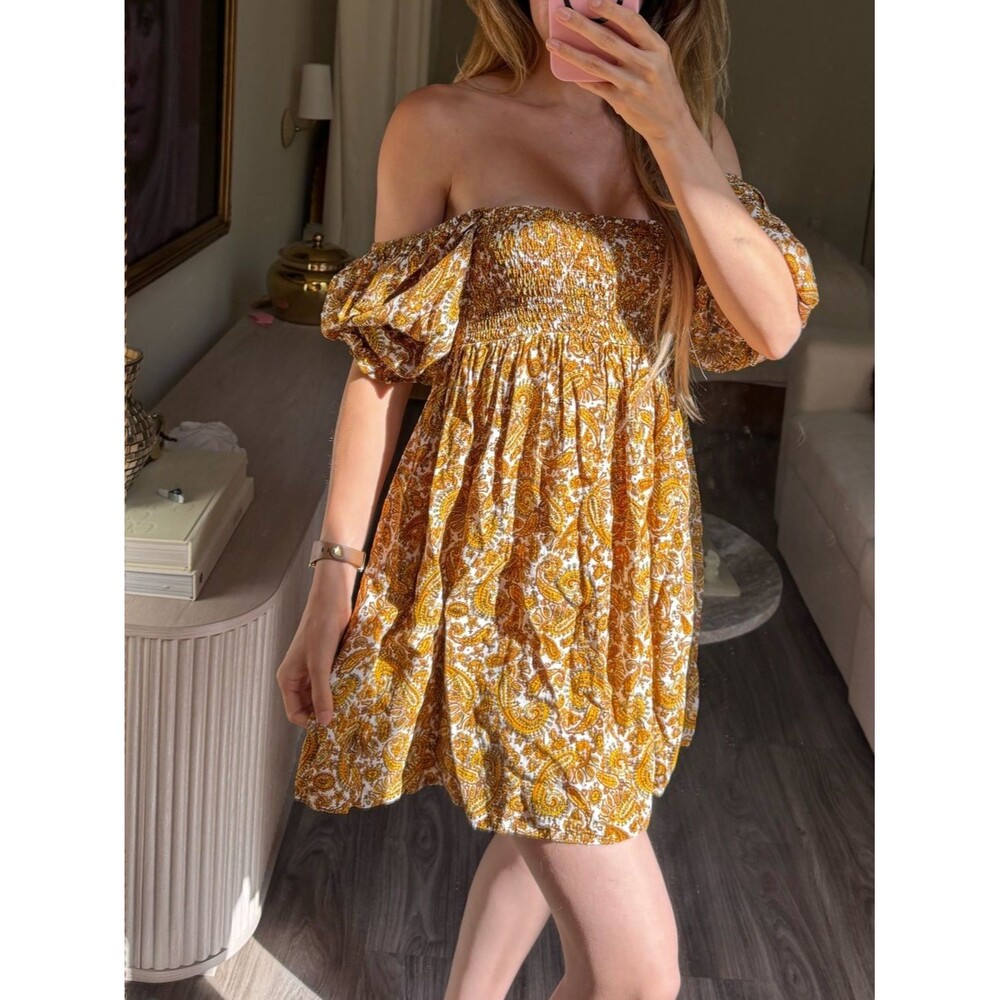 Faithfull the Brand Euro Summer Mini Dress Paisley Off Shoulder Puff Sleeve M